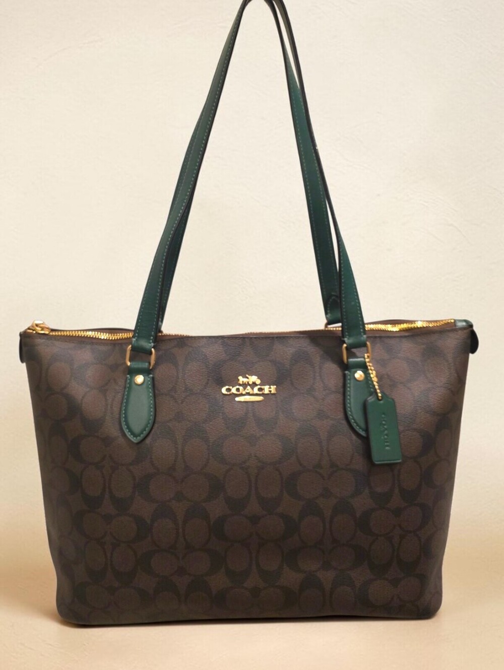 Coach CH504 Signature C Pine Green Leather Large Tote Bag Brown Gold HTF